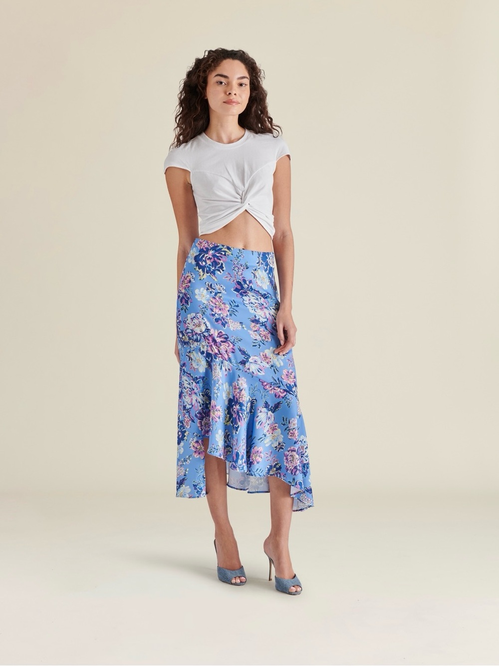 NEW Steve Madden Saskia Floral Asymmetric Midi Skirt Azure Blue Multicolor